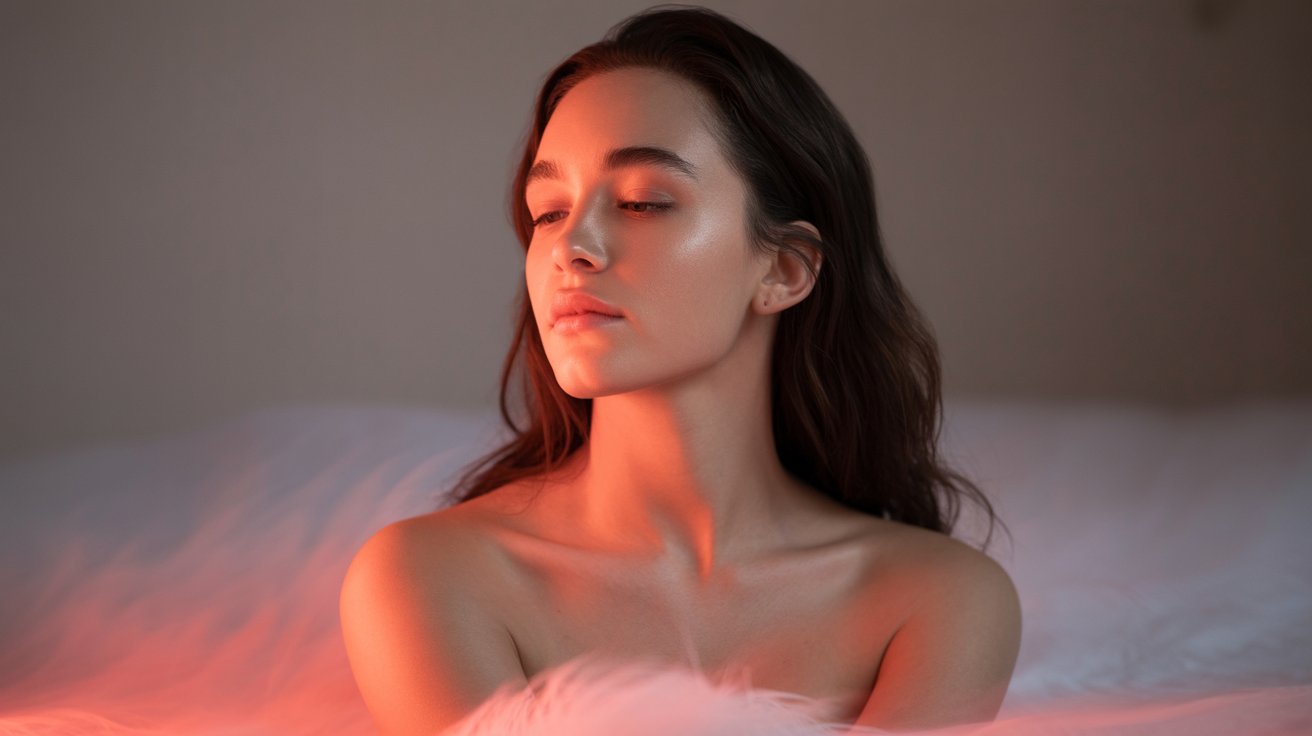 Woman using a red light therapy device on her face at home, showcasing skin rejuvenation and collagen boosting benefits. Warm red glow from the panel highlights treatment area, emphasizing a calm, non-invasive skincare routine.