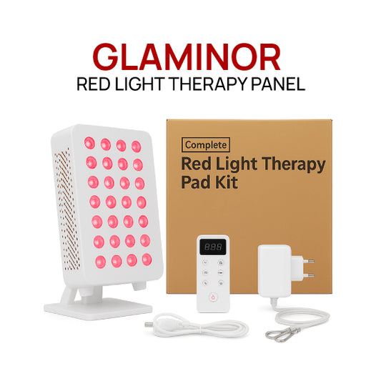 Glaminor red light therapy panel with packaging and accessories on a white background