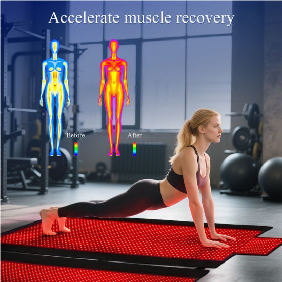 Woman exercising on a red mat with thermal imaging graphics showing muscle recovery.
