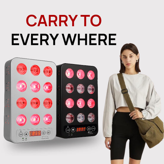 Two portable devices with red lights and a woman carrying a bag on a white background.