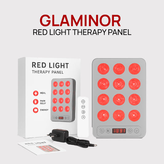 GLAMINOR red light therapy panel with packaging on a white background