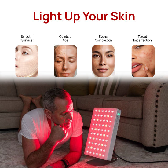 Person using a LED light therapy device with text 'Light Up Your Skin' and benefits listed.