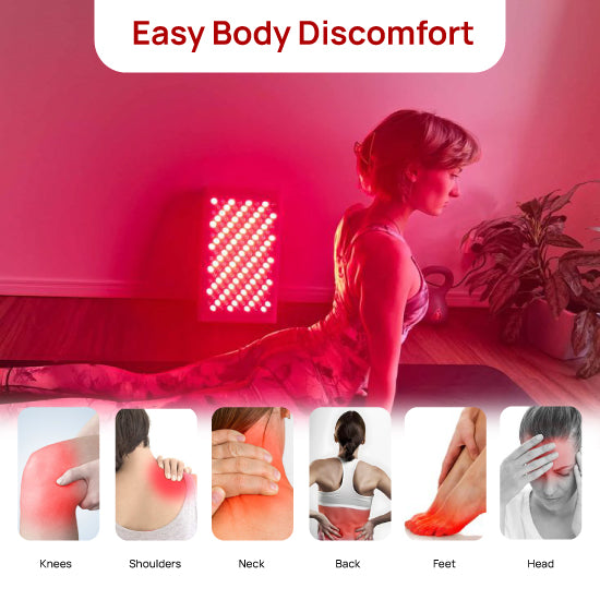 Woman using a red light therapy device with pain points illustrated below.