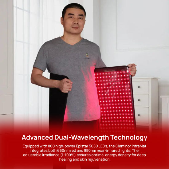 Man holding a red light therapy mat with text about advanced dual-wavelength technology.