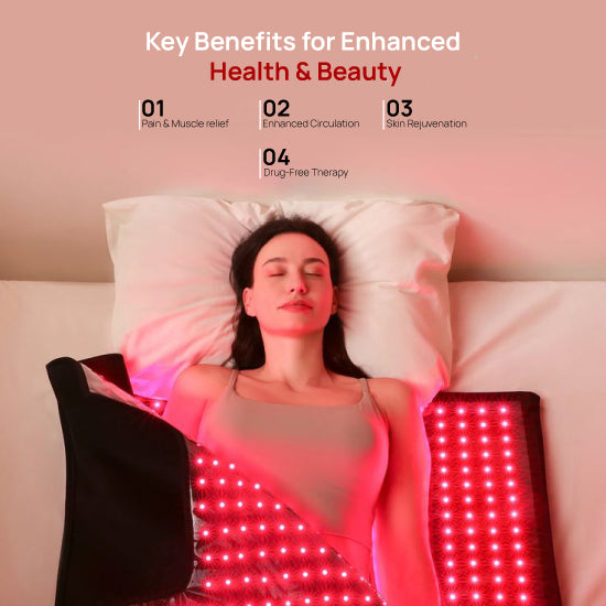Woman lying on a LED therapy mat with text highlighting health benefits.