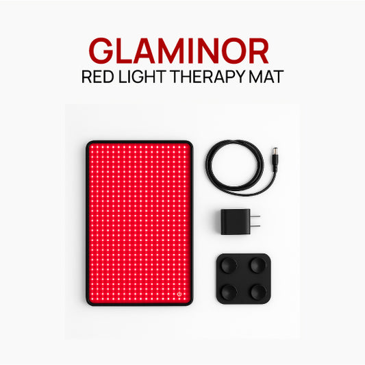 GLAMINOR red light therapy mat with accessories on a white background