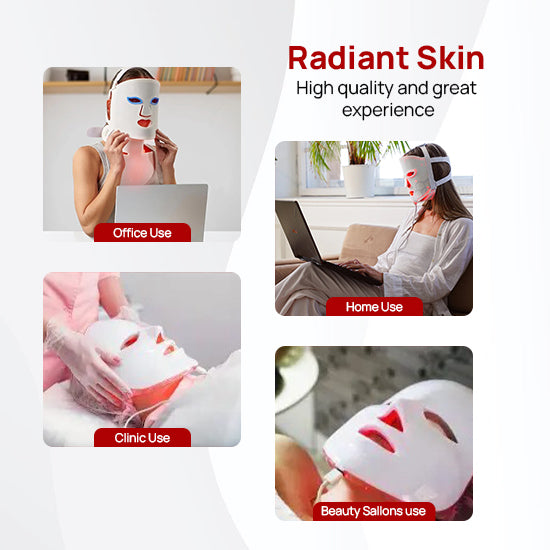 Promotional image of a LED face mask with text on quality, use cases, and benefits.