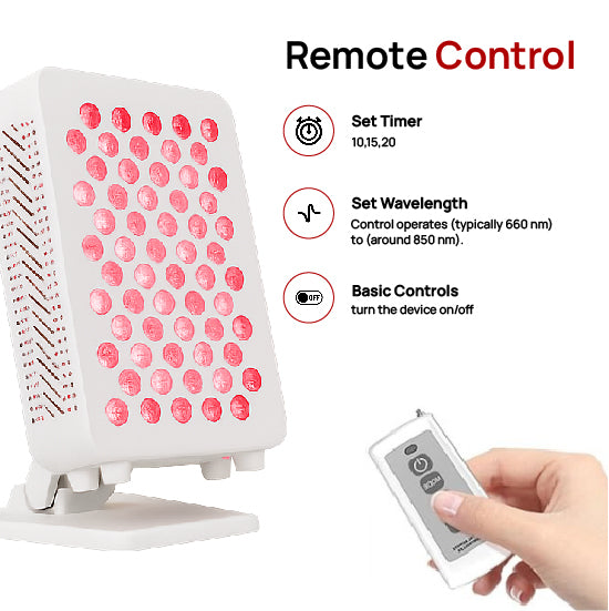 Infrared lamp with red light pattern and remote control on a white background