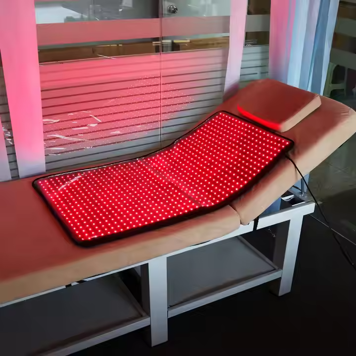 Full-body red light therapy pad on a massage bed for pain relief and muscle recovery